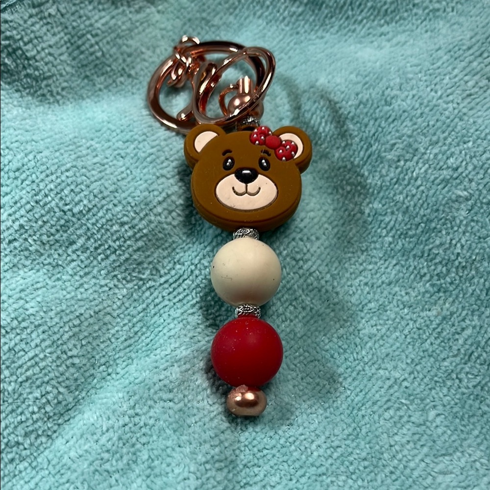 Cute Bear Keychain with Red and White Beads